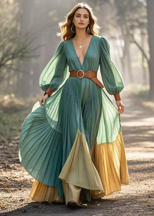 Green Cinched Patchwork Exra Large Hem Pleated Dress Spring