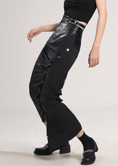 French Black Button Patchwork Side Open Skirts Spring