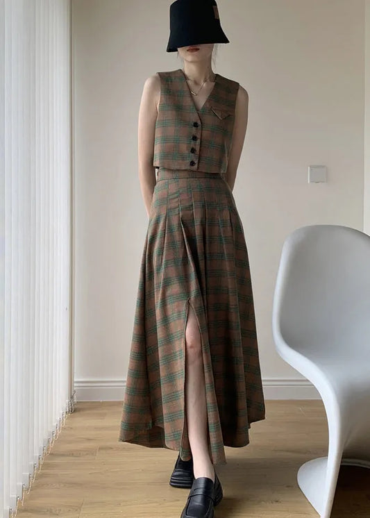 Italian Green Plaid Tops and Pleated Skirts Cotton Two Pieces Set Sleeveless