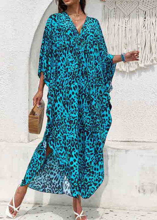 Sea Blue Print Chiffon Beach Dress V Neck Side Open Summer