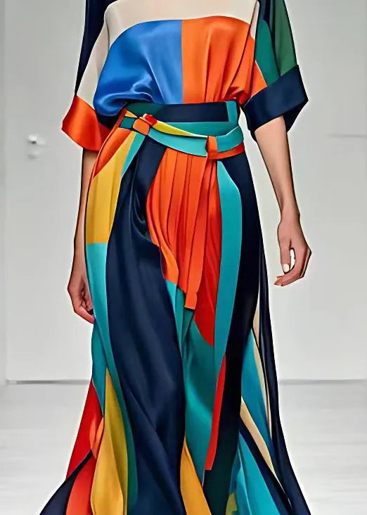 French Print Tops and High Waist Skirts Silk Two Pieces Set Half Sleeve