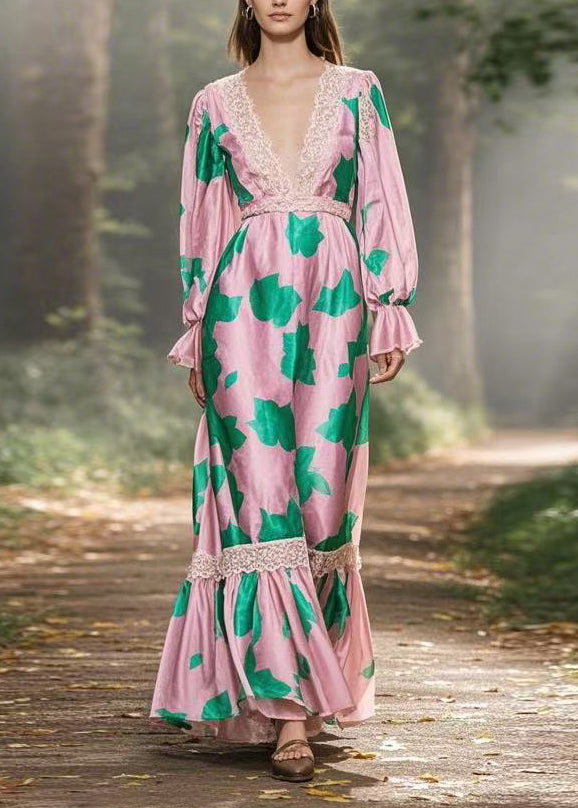 V Neck Print Lace Patchwork Silk Long Dress Spring