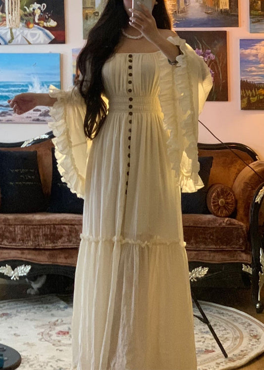 White Ruffled High Waist Cotton Maxi Dress Flare Sleeve