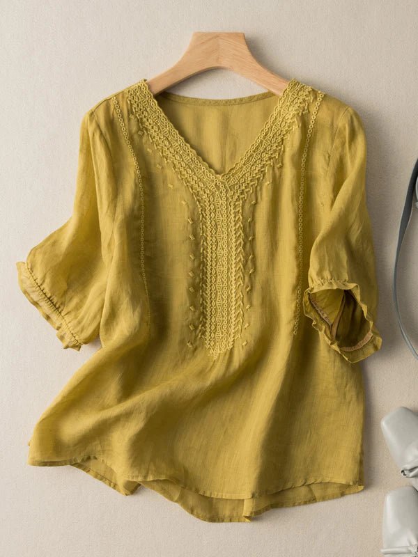 Color V Neck Short Sleeve Linen Top