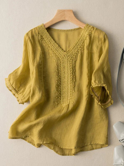 Color V Neck Short Sleeve Linen Top