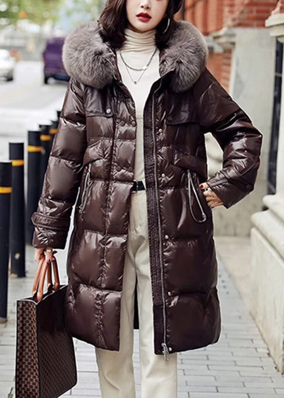 Coffee Fox Collar Drawstring Zippered Puffer Jacket Winter