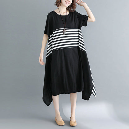 Boutique Black Cotton Knee Dress Loose Fitting Cotton Clothing Dresses Fine Short Sleeve O Neck Asymmetrical Design Knee Dresses