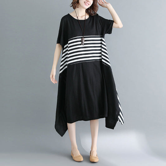 Boutique Black Cotton Knee Dress Loose Fitting Cotton Clothing Dresses Fine Short Sleeve O Neck Asymmetrical Design Knee Dresses