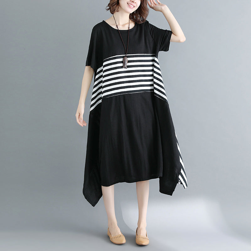 Boutique Black Cotton Knee Dress Loose Fitting Cotton Clothing Dresses Fine Short Sleeve O Neck Asymmetrical Design Knee Dresses