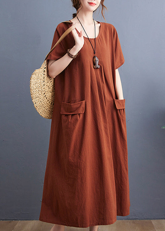 Caramel O-neck Wrinkled Pockets Linen Dress Short Sleeve