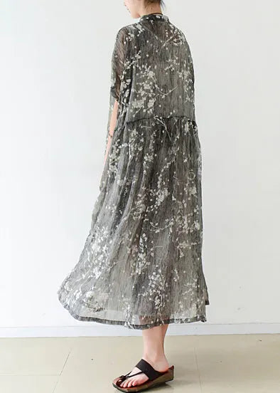 Gray Silk Long Shirts Fine Cotton Chinese Button Traveling Summer Dress