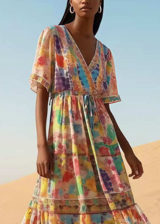 Apricot Print Chiffon Maxi Dresses Summer