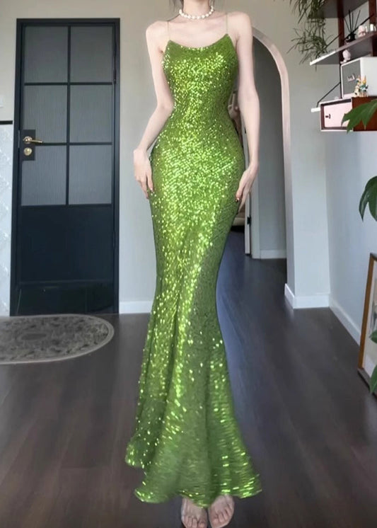 Slim Fit Green Sequins Spaghetti Strap Dress Sleeveless