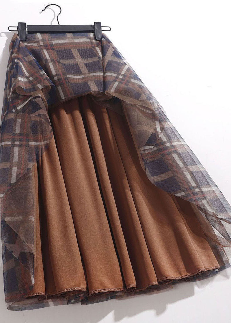 Coffee Plaid Tulle a Line Skirt High Waist Spring