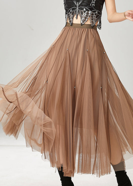 Khaki Exra Large Hem Nail Bead Tulle Skirts Spring