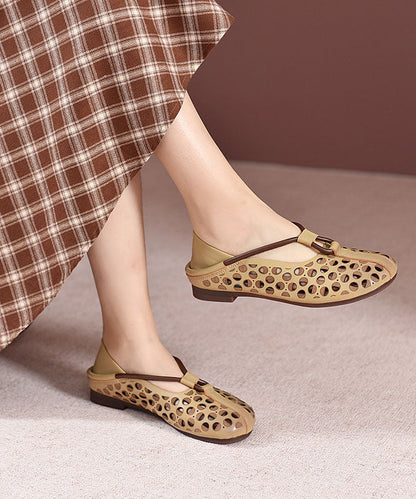 Beige Flat Feet Shoes Cowhide Leather Hollow Out Flat Feet Shoes