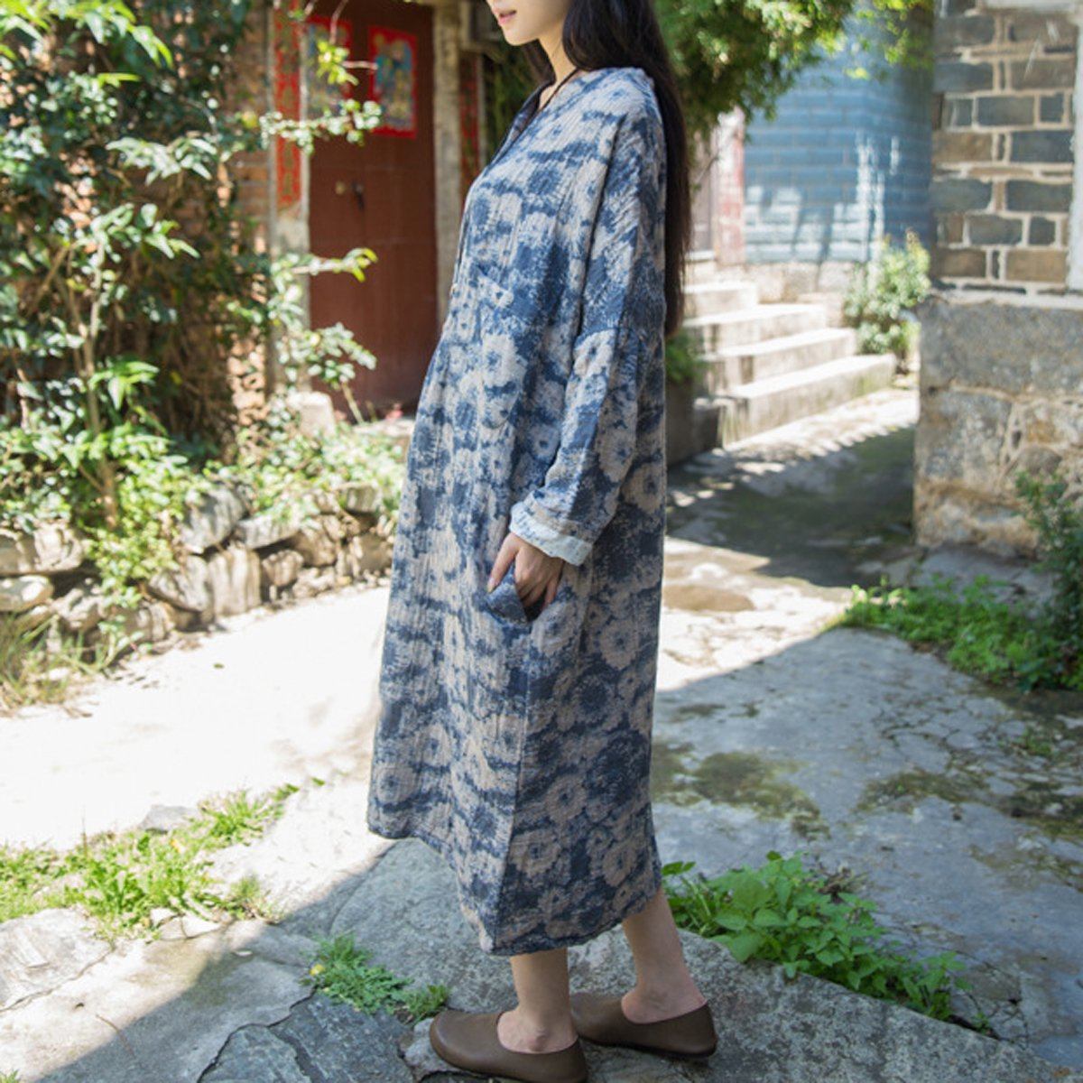 Cotton Linen Loose Fitting Dress Red / Blue