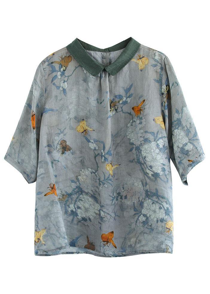 Grass Green Turn-down Collar Print Summer Shirt Half Sleeve