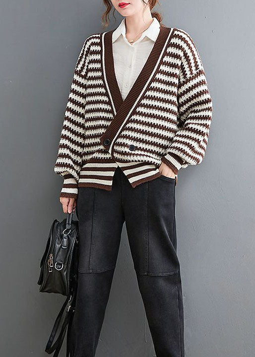 Coffee V Neck Striped Cozy Knit Coat Outwear Spring