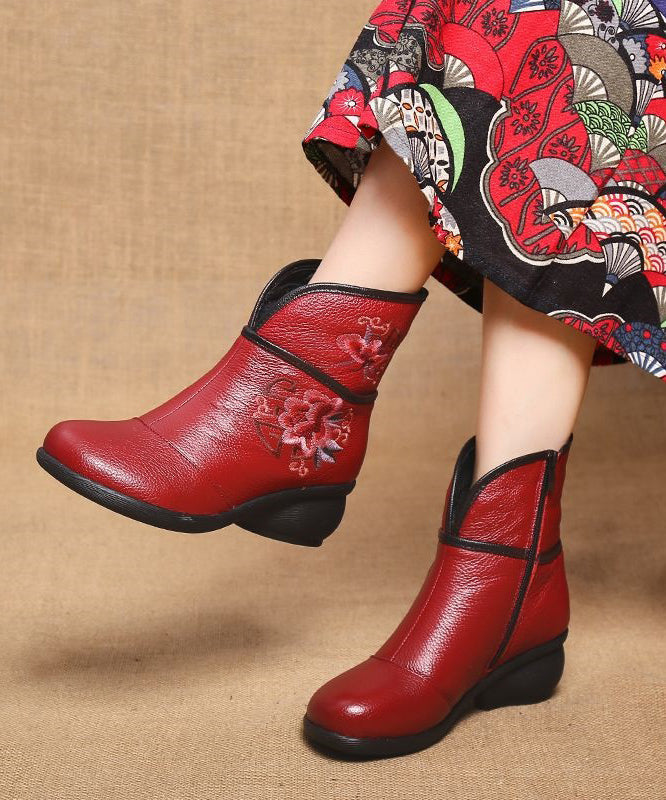 Red Warm Fleece Boots Chunky Cowhide Leather Embroidery