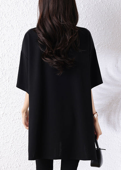 Classy Black Oversized Drawstring Scarf Cotton Long Tops Half Sleeve