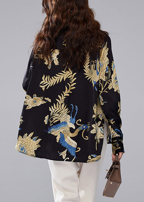 Black Stand Collar Button Print Silk Blouses Fall