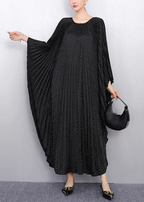 Black Oversized Cotton Pleated Dress Batwing Sleeve