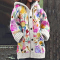 Women's Colorful Floral And Cat Art Hooded Cardigan Sweater elevenforest