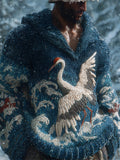 Japanese Crane & Wave Men's Knit Hooded Sweater elevenforest