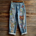 Women's Bohemian Style Multi-colored Floral Cat-print Cute Embroidered Jeans elevenforest