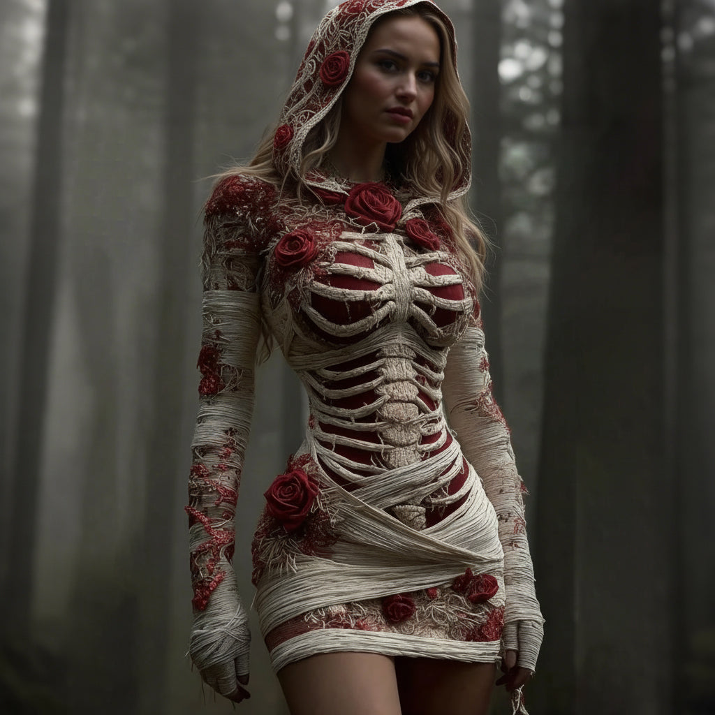 Comstylish Women's Vintage Red Rose Skeleton Art Knit Hooded Mini Sweater Dress