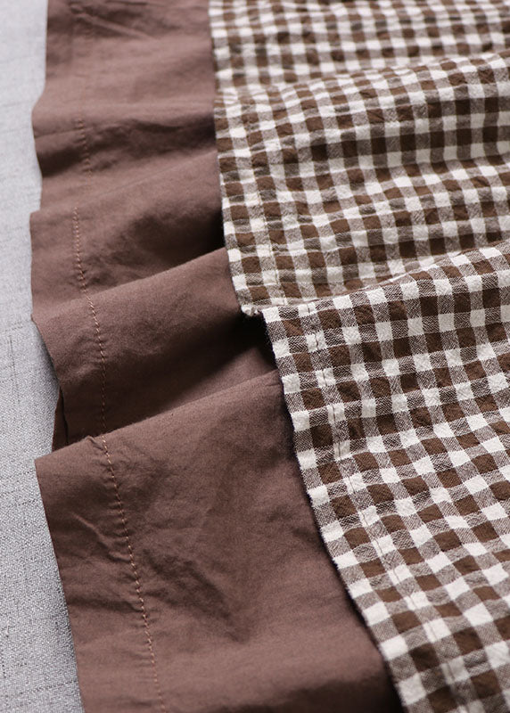 French Chocolate Plaid Side Open Tie Skirt Spring