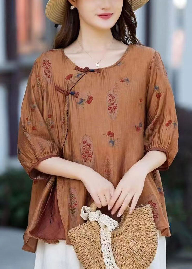 Camel O Neck Print Chinese Button Patchwork Cotton T Shirt Summer