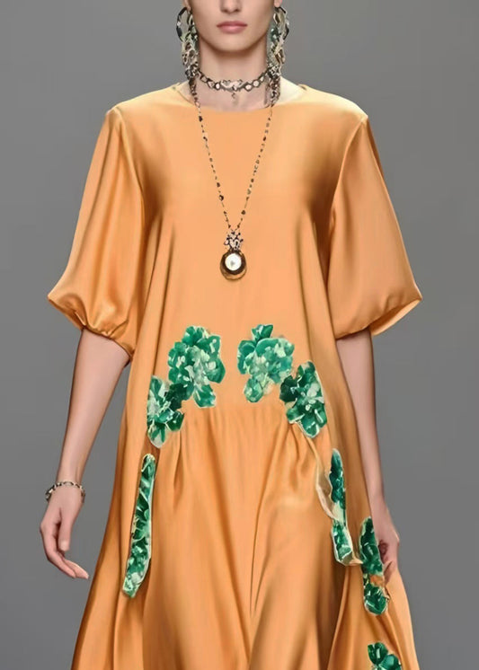 Orange Oversized Print Silk Maxi Dresses Half Sleeve