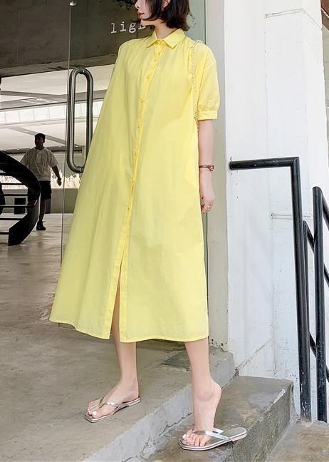 100% Yellow Lapel Collar Cotton Quilting Dresses Lapel Collar Loose Dress
