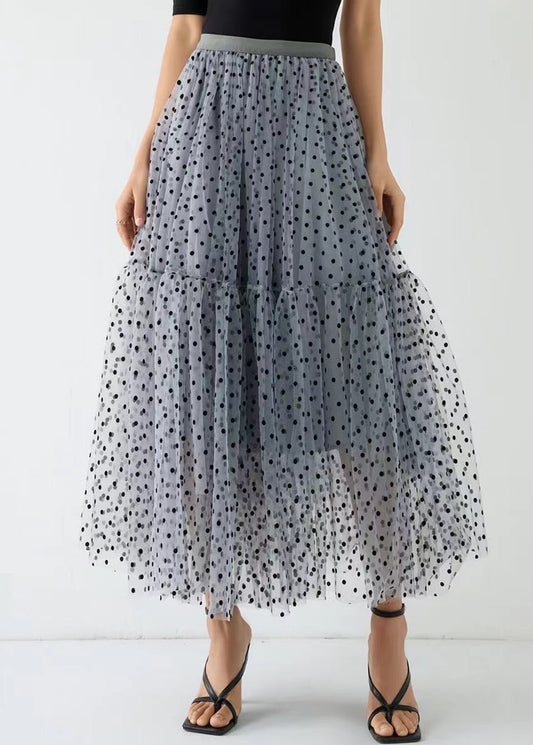 Grey Dot Wrinkled Patchwork Elastic Waist Tulle Skirt Spring