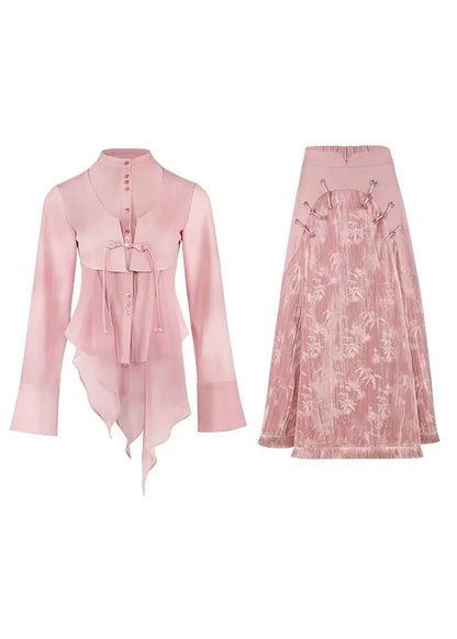 Pink Tulle Patchwork Shirts and Maxi Skirts Two Piece Set Long Sleeve