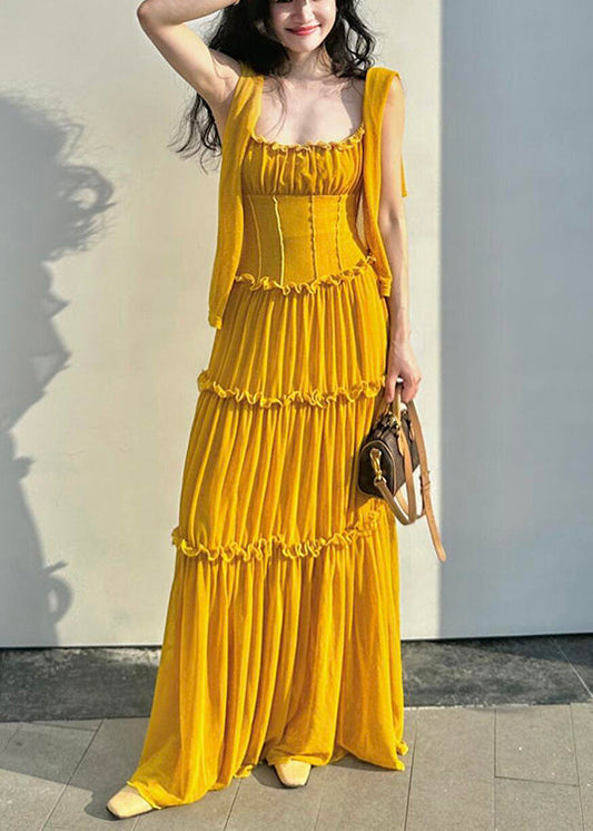 New Yellow Ruffled Cotton Spaghetti Strap Dress Sleeveless