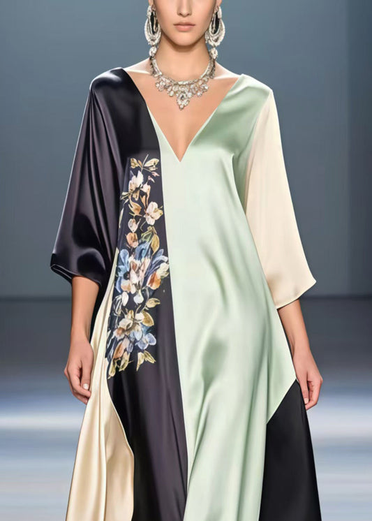 Multicolour V Neck Patchwork Print Silk Party Dress Summer