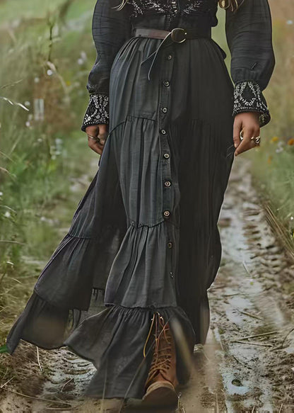 New Black V Neck Button Wrinkled Patchwork Cotton Dress Spring