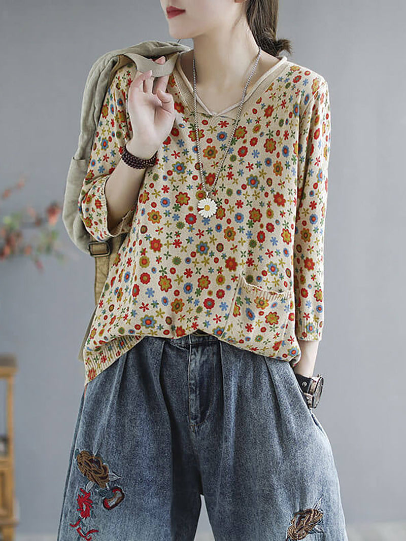 - Knitted Print Pocket Sweater