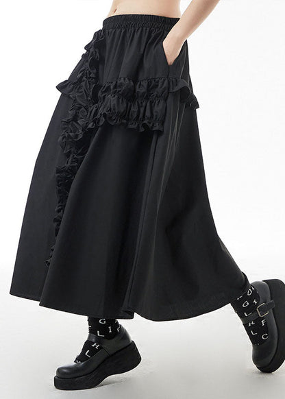 Black Elastic Waist Ruffled a Line Skirts Spring