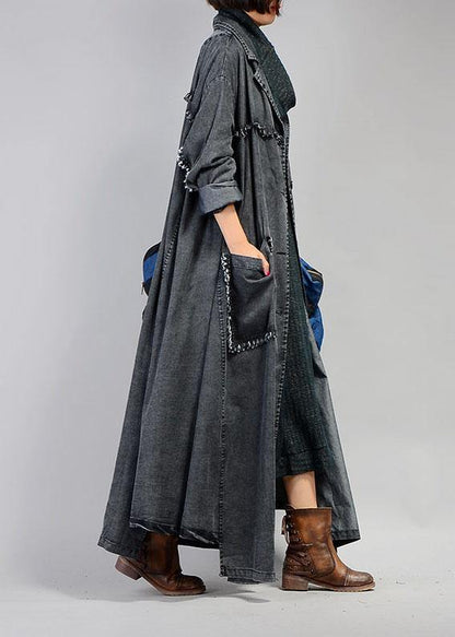 New Maxi Coat Fall Denim Black Notched Large Pockets Coat for Woman