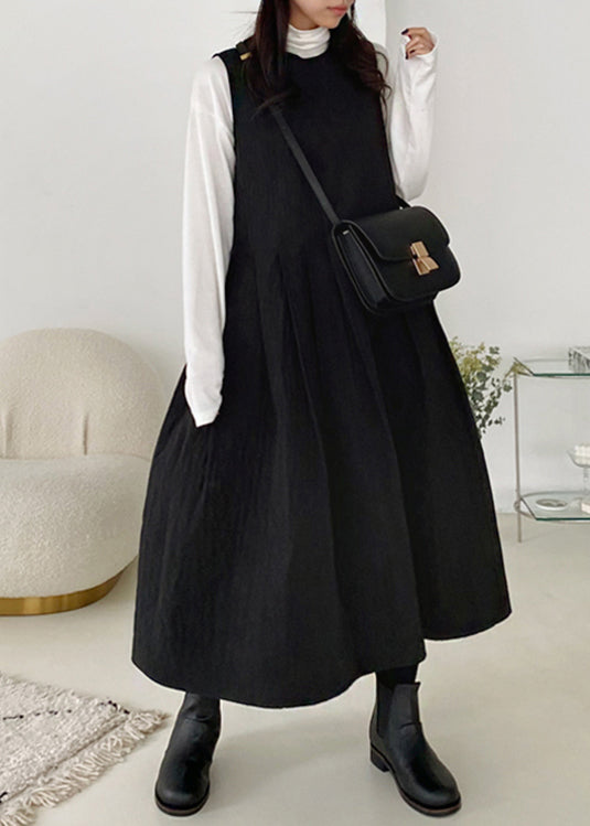 Simple Black O-neck Pockets Cotton Filled Tank Dress Sleeveless