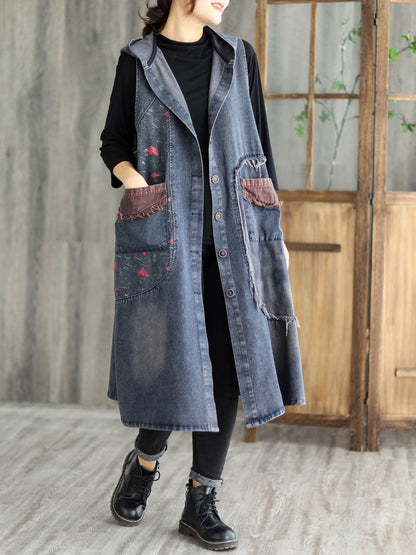 Patchwork Button Pocket Hooded Denim Vest