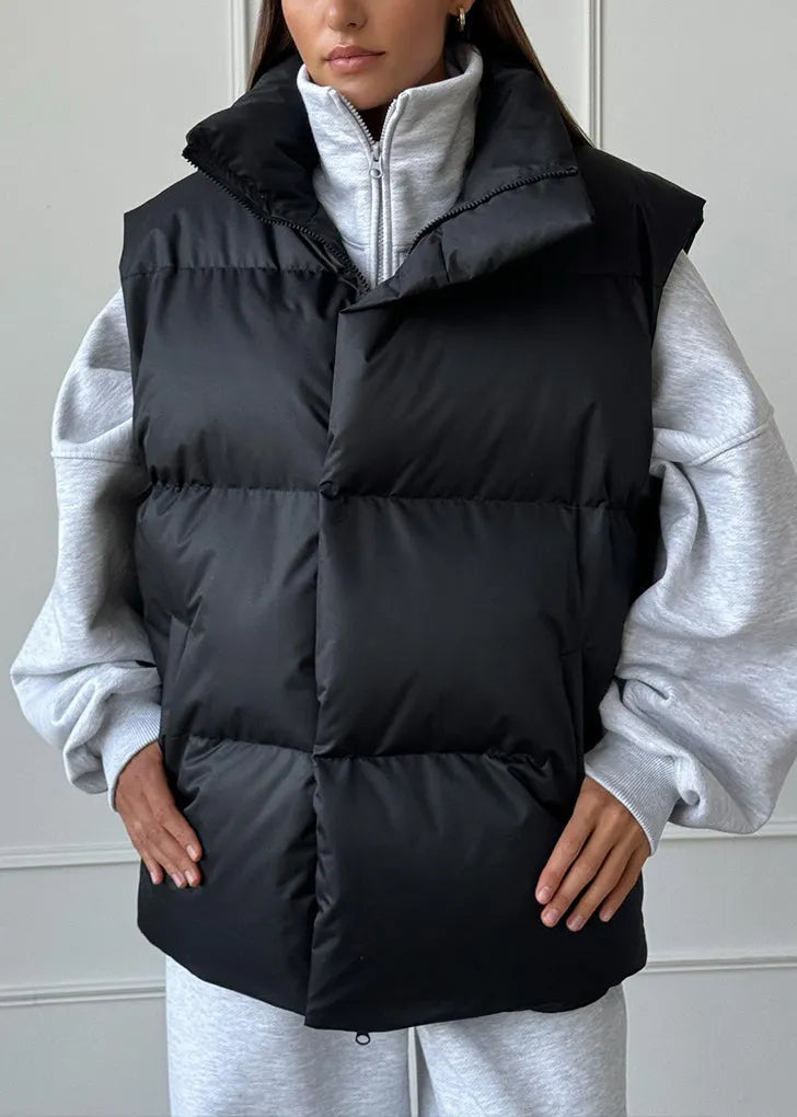 French Black Zip Up Pockets Fine Cotton Filled Vest Tops Sleeveless