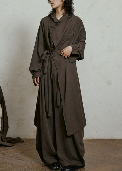 Chocolate Bow Pockets Maxi Trench Coats Lantern Sleeve
