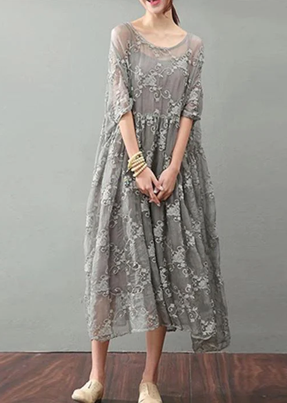 Gray Maxi Dress Lace Gown Top Quality Bracelet Sleeved Gown ( Limited Stock)