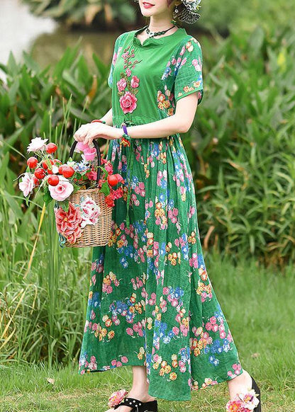 French Green Print Cotton Clothes Tie Waist Embroidery Cotton Robes Summer Dress
