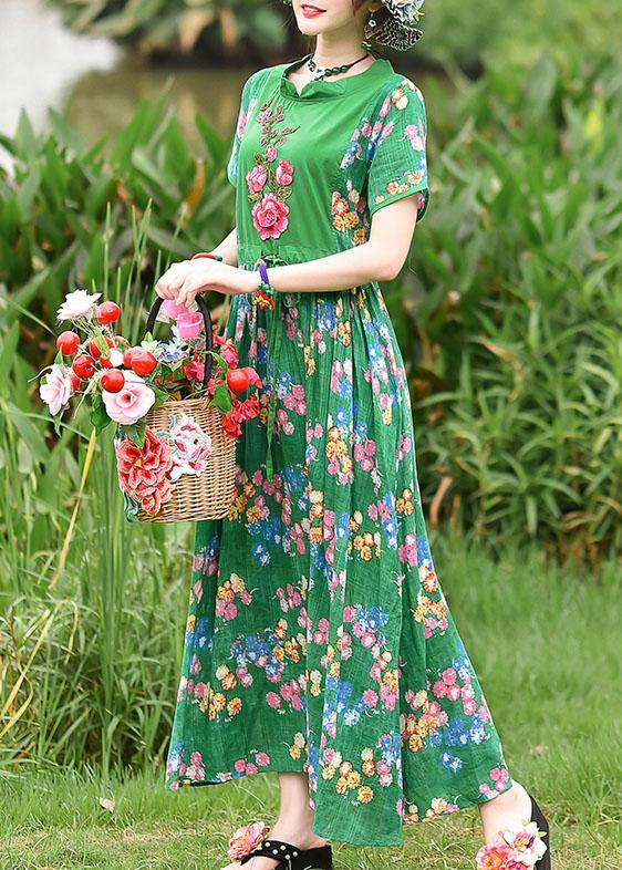 French Green Print Cotton Clothes Tie Waist Embroidery Cotton Robes Summer Dress